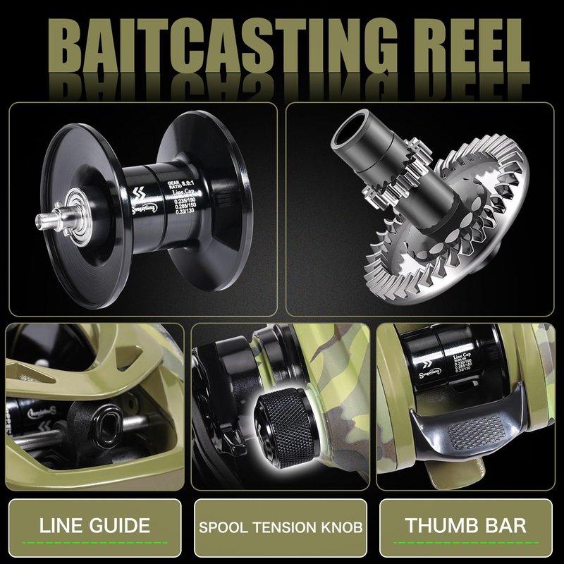 Sougayilang Camo Baitcaster Combo, 2-Piece 30+24Ton Graphite Rod, 8.0:1 Gear Ratio,9+1 Bearings Reel, SuperPolymer Handle,Hook Keeper for Bass, Walleye, Pike, Catfish Fishing