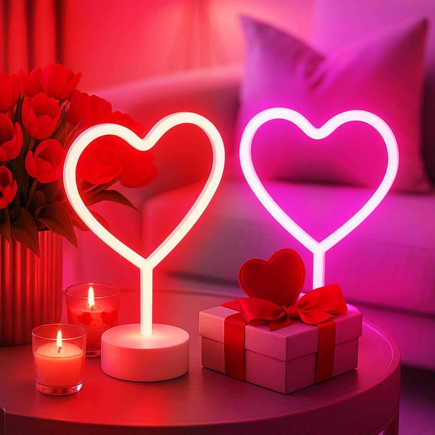 BHCLIGHT Pink Heart Neon Sign, Valentines Day LED Neon Light Battery Operated or USB Powered Valentines Pink Heart Lights, Table Lamp for Galentines Day Decorations, Wedding, Gifts for Women, Lover
