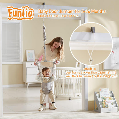 FUNLIO Baby Door Bouncer for 6-24 Months (with Door Clamp), Baby Jumper Doorway with Strong Spring/Adjustable Strap, Easy to Assemble&Store, Bearing 18kg, CE CPC Certified - Grey
