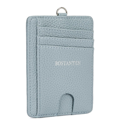 BOSTANTEN Slim Wallet Women with Leather Neck Lanyard RFID Blocking Credit Card Holder Front Pocket Small Wallet Blue