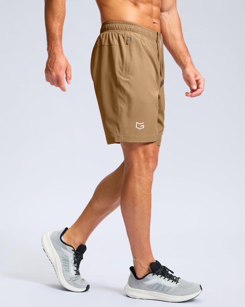 G Gradual Men's Athletic Running Shorts with Zipper Pockets Quick Dry 7"/ 5"/ 9" Workout Gym Shorts for Basketball Hiking(Dark Khaki,7L)