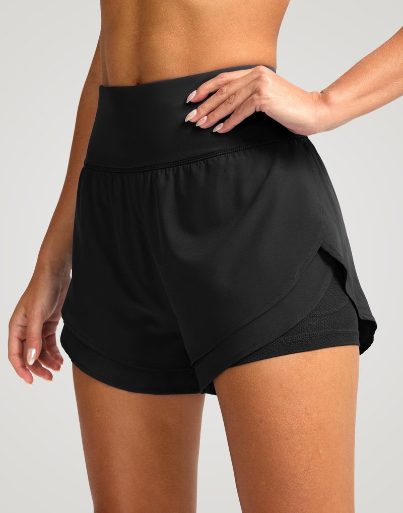 SANTINY Women's 2 in 1 Running Shorts with Pockets 3" High Waisted Exercise Workout Athletic Shorts for Women with Liner(Black_M)