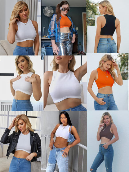 Dwnval Sexy Sleeveless Crewneck Tank Top Ribbed Knitted Crop Tops for Women(Orange,S)