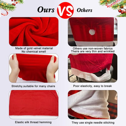 SATXTREM Christmas Chair Covers Set of 4,Red and White Santa Claus Hat Chair Back Covers for Xmas Holiday Festival Indoor Kitchen Bar Counter Stools Decorations Dining Room Table Decor