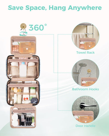 BALULHG Travel Hanging Toiletry Bag for Women, Water-Resistant Cosmetic Organizer with 4 Compartments & 360° Swivel Hook, TSA-Approved Makeup Bag for Shampoo, Full Sized Container, Toiletries (Pink)