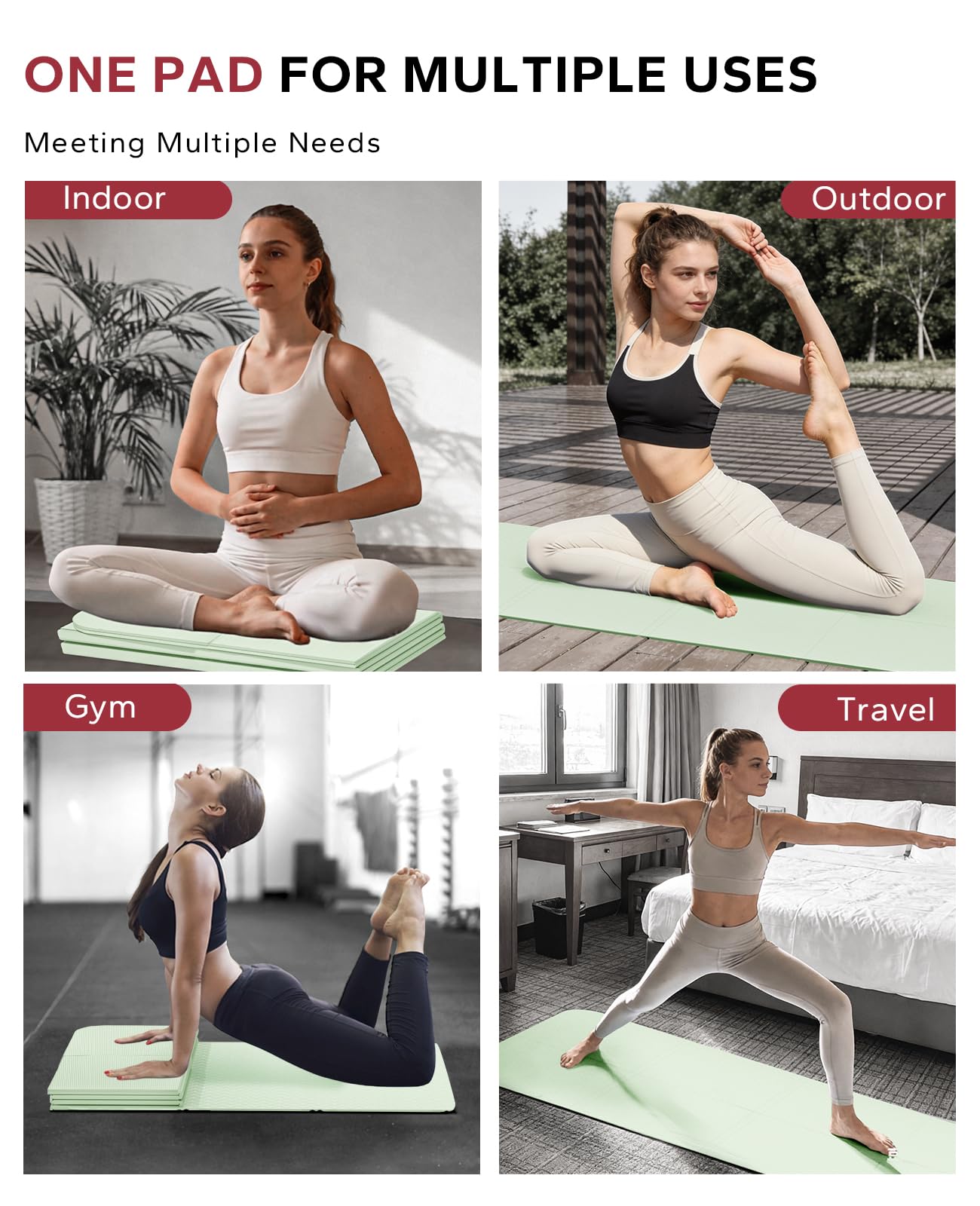 HAPBEAR Foldable Yoga Mat - 72"x24"x0.24" (6mm), Non-Slip TPE Exercise Mat for Home Workout, Yoga, Pilates,Stretching, & Travel, Durable & Eco-Friendly, Includes Carry Bag