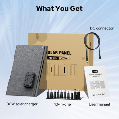 ENOFLO 30W Portable Solar Panel Charger, Foldable ETFE Monocystalline Panel with USB-C USB-A and DC Outputs, IP65 Waterproof, High Conversion for Phones,Power Stations, RV, Outdoor Use