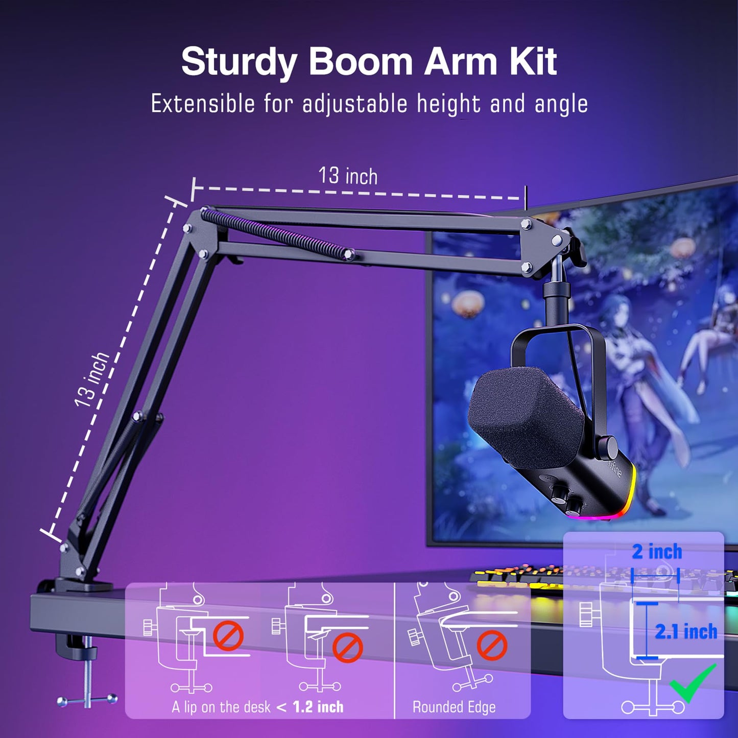 FIFINE XLR/USB Gaming Microphone Set, Dynamic PC Mic for Streaming Podcasting, Computer RGB Mic Kit with Boom Arm Stand, Mute Button, Headphones Jack, for Recording Vocal Voice-Over-AmpliGame AM8T