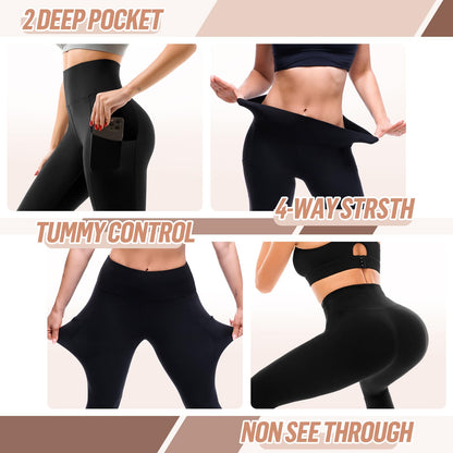 SINOPHANT High Waisted Leggings with Pockets Women, Full Length Capri Buttery Soft Stretchy Yoga Pants(Capri Black,S-M)