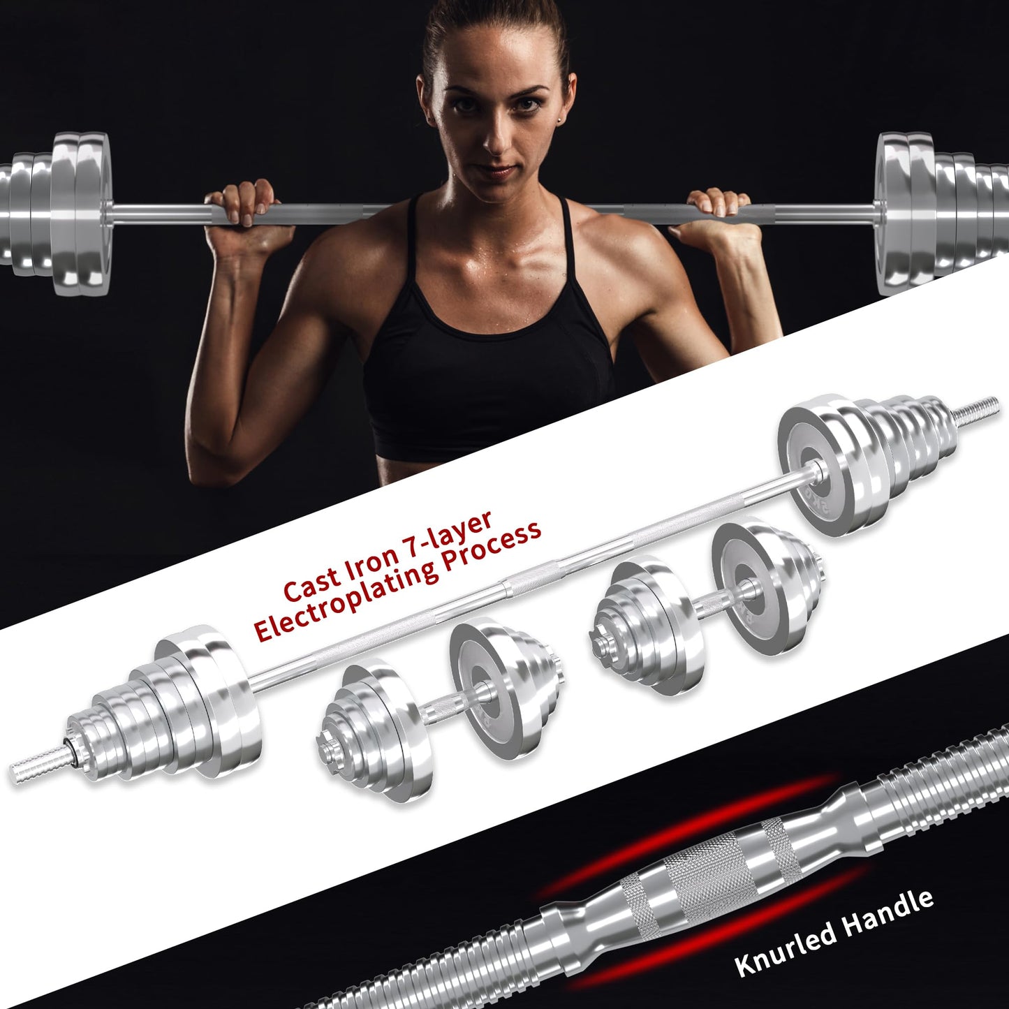 VIVITORY Fitness Dumbbells Set, Adjustable Weight Sets up to 11/22/44/66/110 lbs, with Metal Connecting Rod Used As Barbell, Chromed Weights, Hardcover Gift Box, Home Gym Work Out Training Equipment
