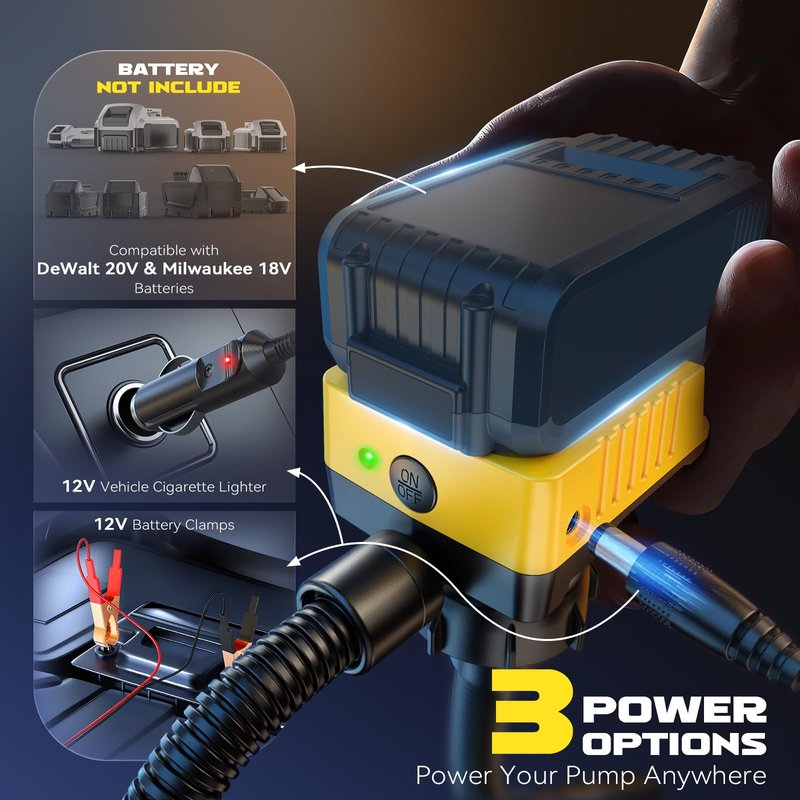 DIYtoolifz 5 GPM Cordless Fuel Transfer Pump with Auto Shut-Off & Beep Alert, Compatible with DeWalt 20V & Milwaukee 18V Batteries, Gas Can Pump for Gasoline/Diesel, 51" Hose & 5 Adapters (Bare Tool)