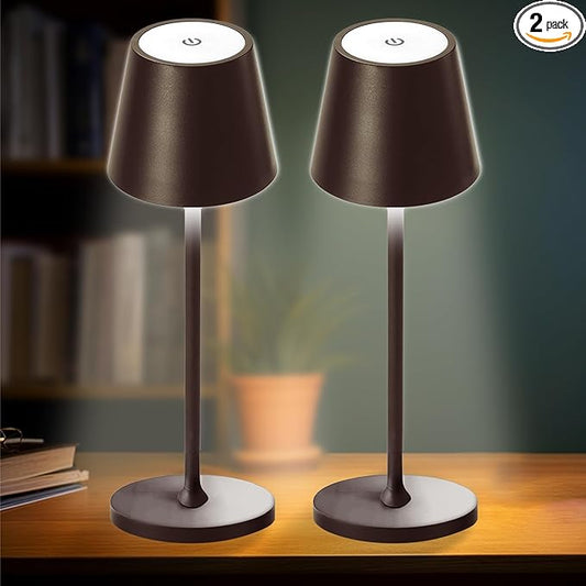 2 Pack Cordless Table Lamp,Portable LED Desk Lamp, 5200mAh Battery Operated, 3 Color Stepless Dimming Up, for Restaurant, Bedroom, Bars, Outdoor Party, Camping, Coffee Shop Night Light Coffee