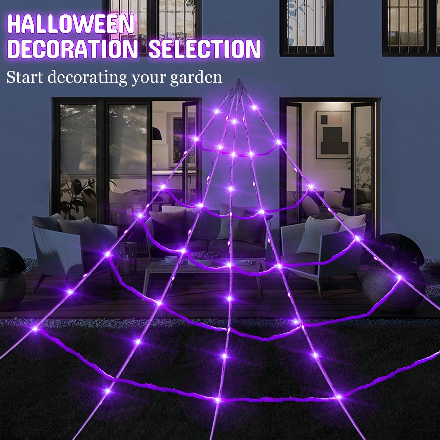 20*17FT Halloween Spider Web 150 Led Purple Lights Light Up Lighted Triangular Giant Battery Operated Waterproof with 200sqft Cobweb and 20 Small Spiders for Indoor and Outdoor Decor Yard Decoration
