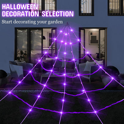 20*17FT Halloween Spider Web 150 Led Purple Lights Light Up Lighted Triangular Giant Battery Operated Waterproof with 200sqft Cobweb and 20 Small Spiders for Indoor and Outdoor Decor Yard Decoration