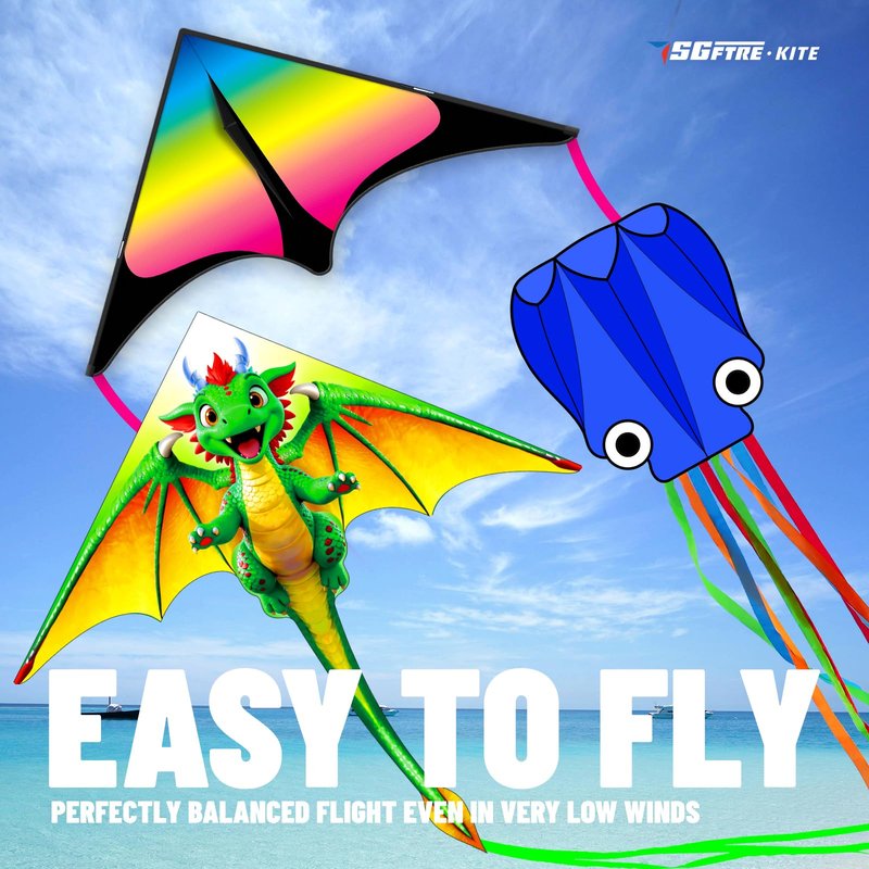 SGftre 3 Piece Set Butterfly Delta Octopus Kites for Kids and Adults，Easy to Fly for Outdoor Adults Children Line Kite for Kids Toy (Green Dragon+ Delta+Octopus Blue, 3)