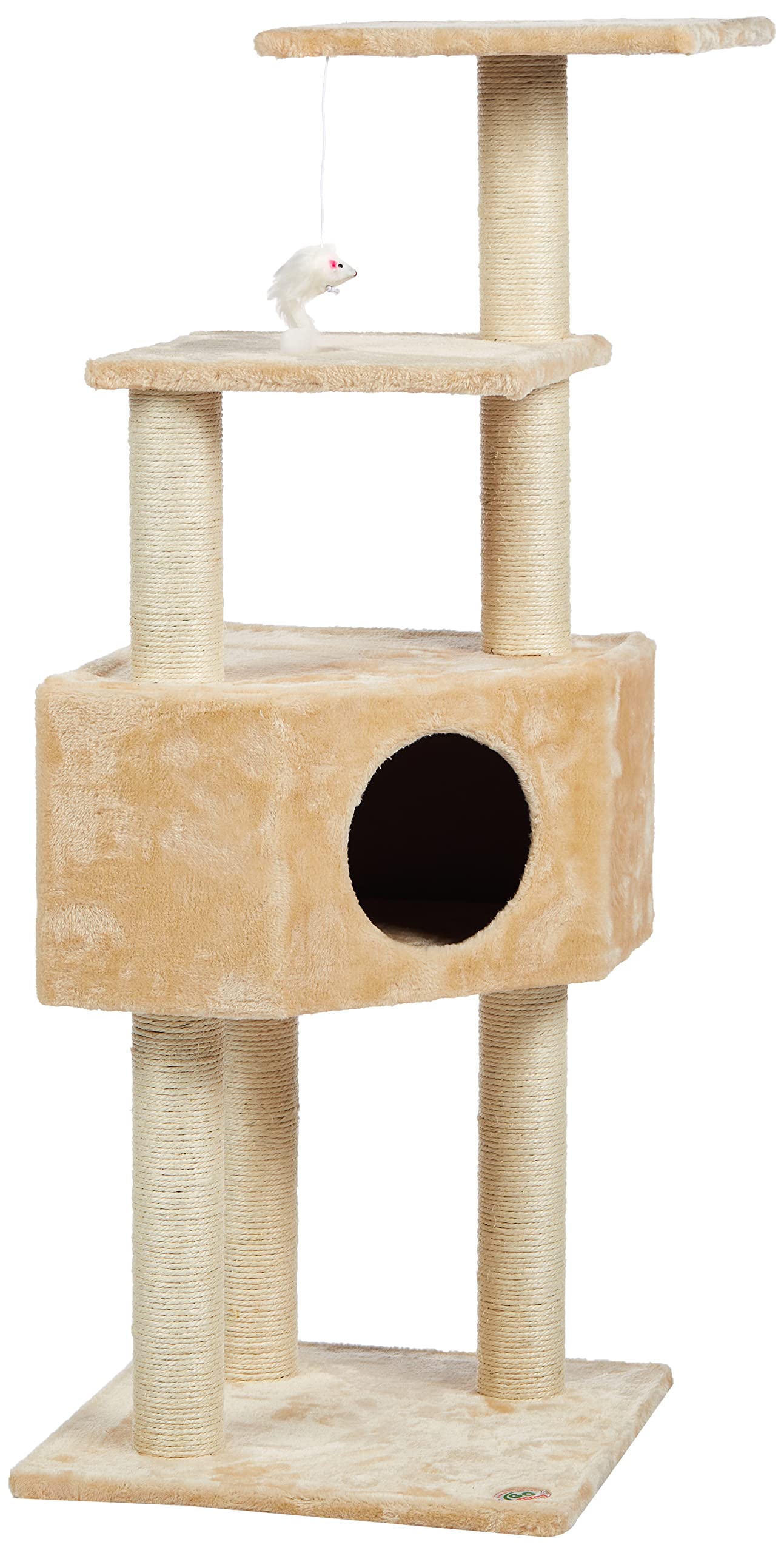 Go Pet Club 51" FULL Sisal Covered Scratching Posts Corner Cat Tree Kitty Tower Kitten Condo House Furniture with Hanging Toy for Indoor Cats, Beige