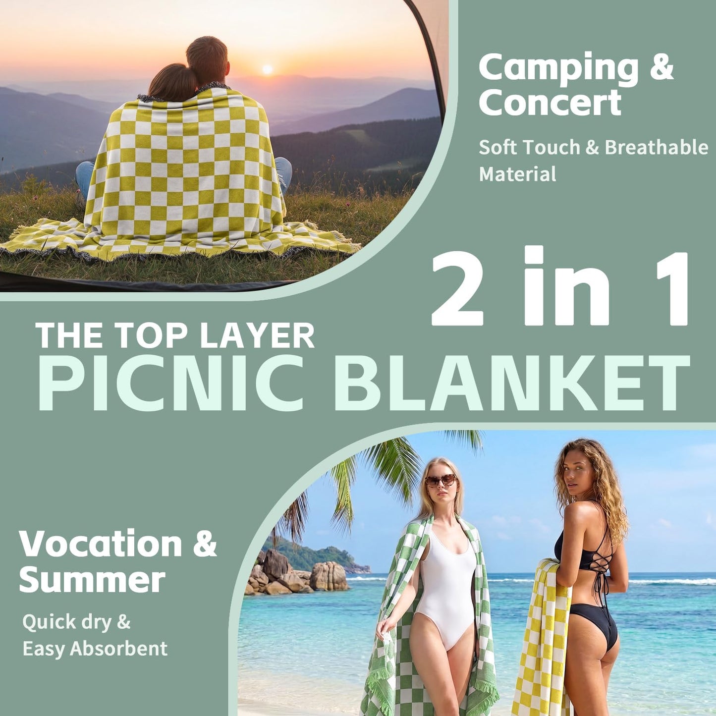 2 in 1 Extra Large Camping Blanket Outdoor Rug Picnic Yoga Mat Lightweight Car Essential Roadtrip Gadget Rv Accessories Glamping Gear Must Haves Hiking Stuff Backpacking Necessities Women Beach Gift