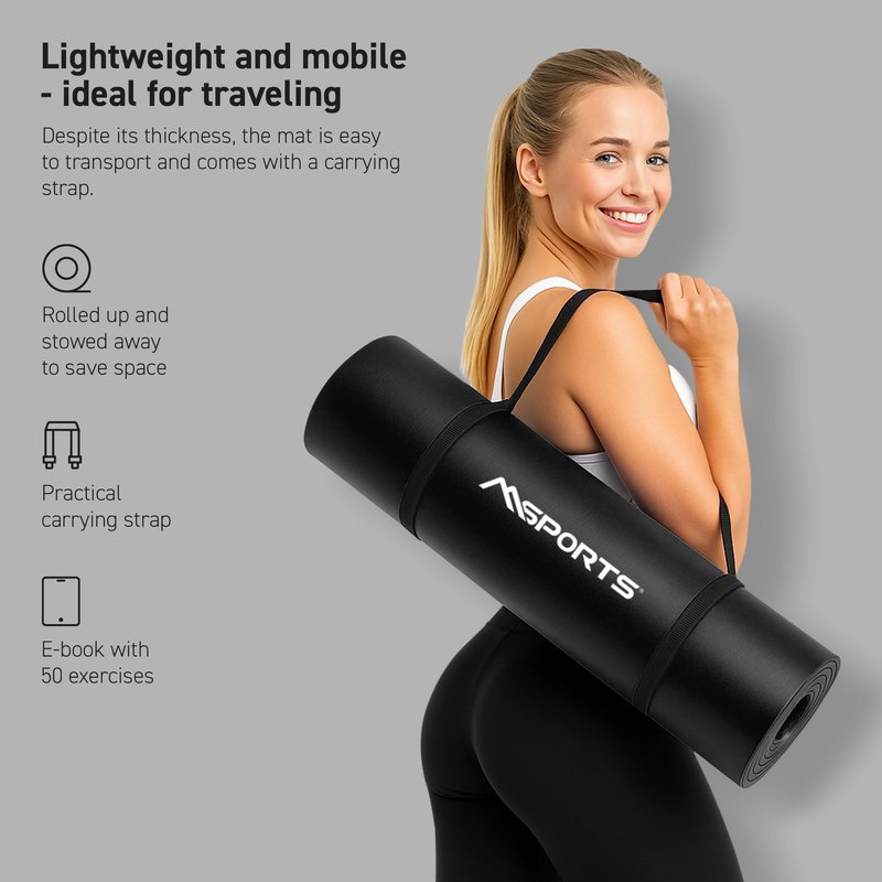 MSPORTS Thick Yoga Mat Non Slip – Extra Comfortable Exercise Mat for Home Workouts, Pilates, Stretching & Gym – Cushioned NBR Foam, Yoga Mat with Strap, for Women & Men (Black, 74.5 x 24 x 0.6 in)