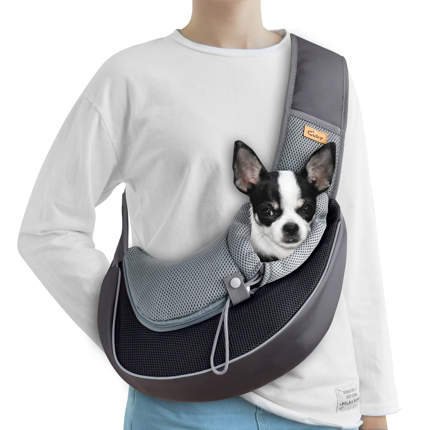 CUBY Pet Sling Carrier for Puppy Dog, Dogs Sling Carrier Breathable, Safety Front Pocket Pet Sling Carrier, Hands-Free Mesh Bag with Adjustable Shoulder Strap for Outdoor and Travel (Black, S)