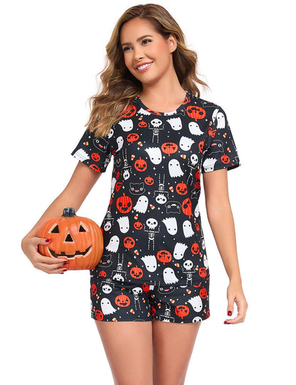 EISHOPEER Women's Halloween Short Tops & Pants Sleepwear Pajamas Sets Halloween Pumpkin XXL