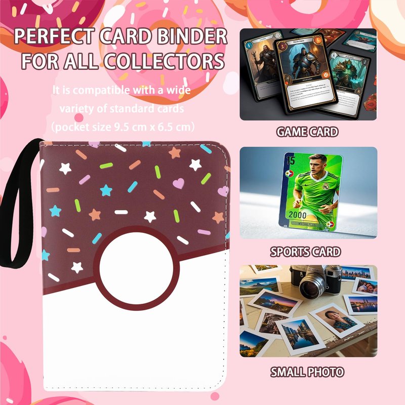 9 Pocket Card Binder 900 Card Holder Album, Pink Donut Trading Cards Holder Zipper Binder for Girl Teen Collection (Choco Donut, 900 Pocket)