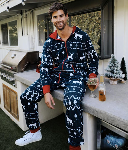 Tipsy Elves Blue Fair Isle Men's Pajamas Ugly Christmas Sweater Jumpsuit Navy Blue Large