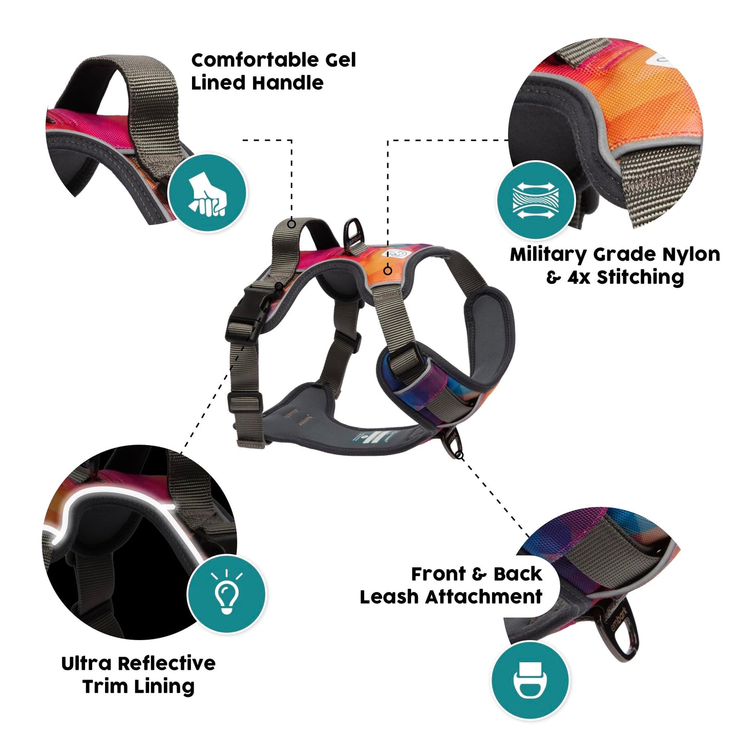 Embark Adventure Dog Harness, Reflective Trim No Pull Harness for Medium Sized Dog - Military Grade Nylon, Front Clip with Gel Lined Handle. Soft & Padded Puppy