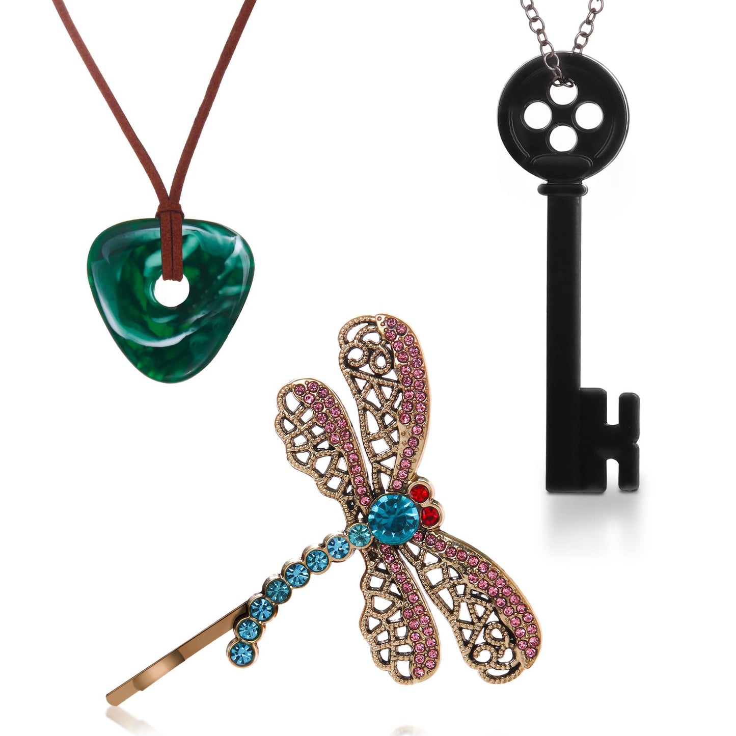 woxafo 3PCS Coraline Accessories Coraline Necklaces|Key Necklaces|Dragonfly Hair Clip for Women Men, Coraline Jewelry for Halloween Costume Cosplay Movie Props Dress Up