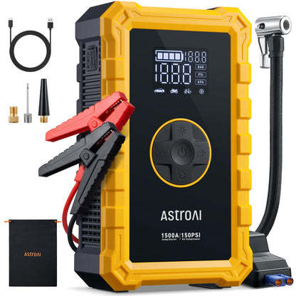 AstroAI S8 Air Jump Starter with Air Compressor, 1500A Car Battery Jumper Starter Portable (6.0 Gas/3.0L Diesel) with 150PSI Cordless Auto-Shutoff Tire Inflator, 12V Battery Charger Booster(Yellow)