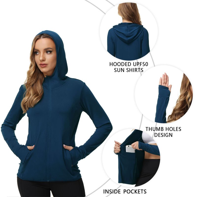 TIHEEN Women's Athletic Jackets Lightweight UV Protection Shirts Full Zip Workout Jacket UPF 50+ Long Sleeve Sun Shirt Navy Blue,S