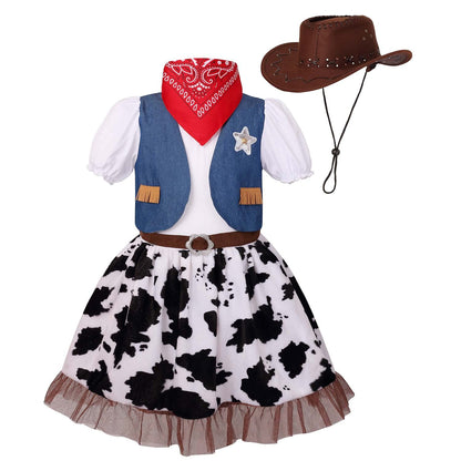 LMYOVE Cowgirl Halloween Costume for girls, Role Play Party Dress Up Outfit for Kids (Small, Blue)