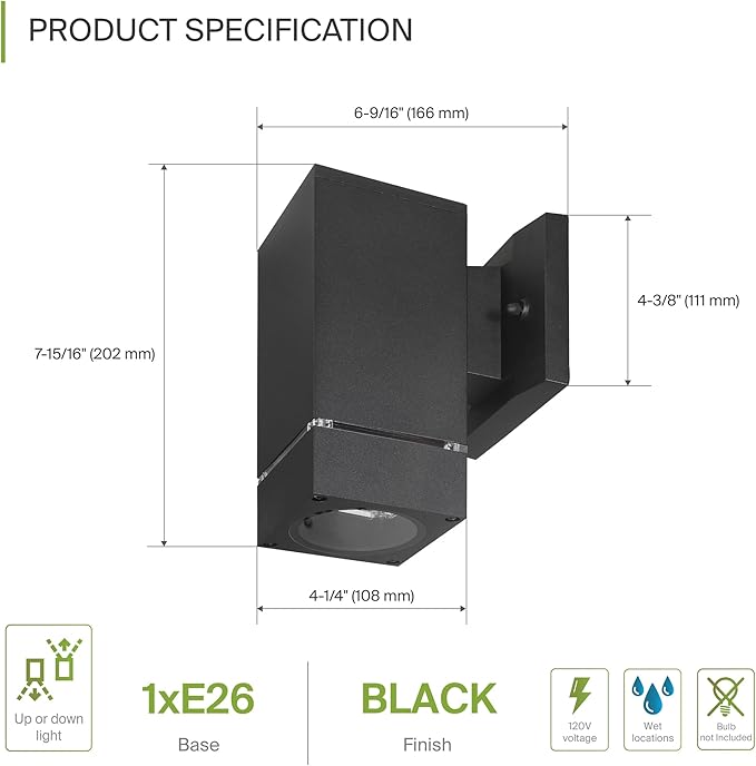 ASD 1 Light Square Outdoor Wall Light Fixture | 60W E26 Bulb Socket 120V ETL Cylinder Up Down Lights | LED/CFL/Incandescent Bulb Exterior Wall Sconce | Front Door, Porch Patio | Ringed Black, 2 Pack