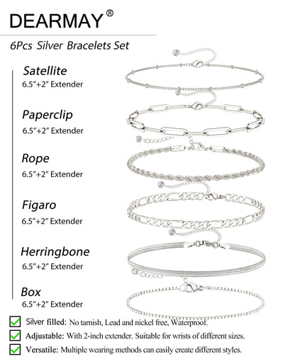 DEARMAY Dainty Silver Bracelets for Women Trendy, 925 Sterling Silver Jewelry Set Paperclip Box Herringbone Figaro Rope Chain Bracelet for Women Fashion Pack Gifts
