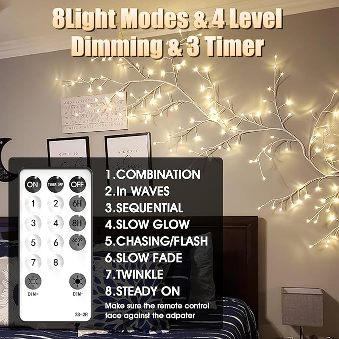 Willow Vine Lights Bedroom Decor: 7.5Ft Christmas Decorations Flexible Enchanted Fairy Lights with Remote Control, 144 LEDs Twinkle Tree Lighted White Branches for Wall Living Room