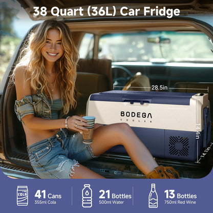 BODEGACOOLER 12 Volt Car Refrigerator,38 Quart Portable Truck Freezer,Electric Cooler Bluetooth Control,(36) -4℉-68℉ RV Refrigerator 12/24V DC and 100-240V AC for Travel,Camping,Road Trips,Van,Home