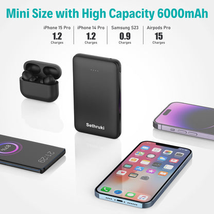 Slim Portable Charger with Built in USB C Cable,20W Fast Charging Power Bank,Small Mini Lightweight Phone Battery Pack 6000mAh,Ultra Thin Travel Essentials for iPhone 17 16 15 Series,Samsung,Android