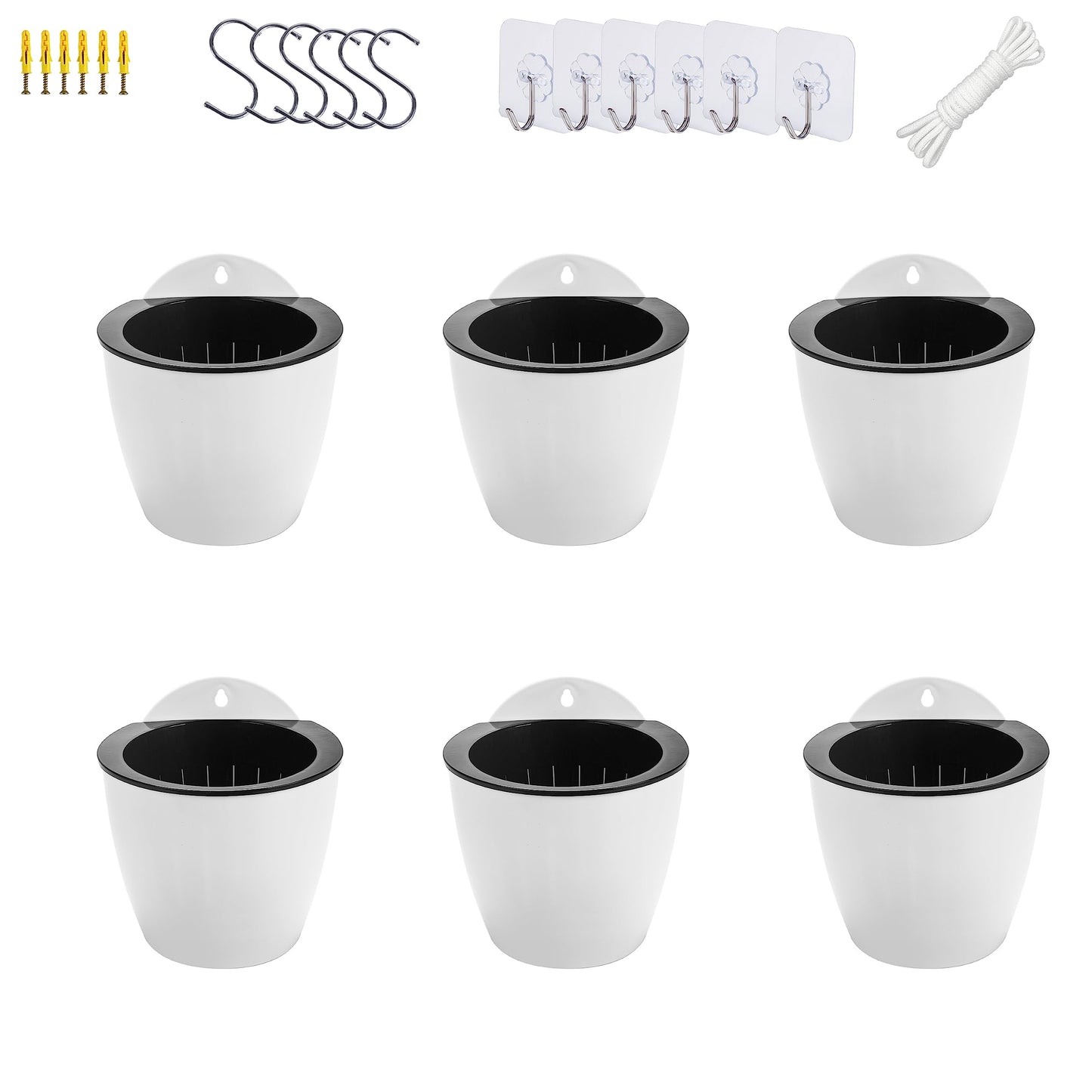 6 Pack White Hanging Planter Pots Self Watering Vertical Garden Wall Mount Window Hang Round Plastic Container Indoor Outdoor for Plants Flowers Succulent Kitchen Living Herbs Holder Decor(Large)