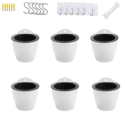 6 Pack White Hanging Planter Pots Self Watering Vertical Garden Wall Mount Window Hang Round Plastic Container Indoor Outdoor for Plants Flowers Succulent Kitchen Living Herbs Holder Decor(Large)