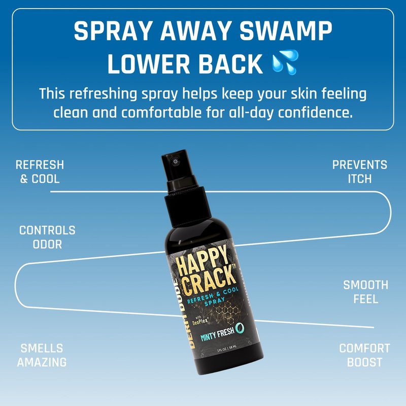 Derm Dude Happy Crack Refresh & Cool Body Spray | Minty Fresh Deodorizing Spray for Body & Skin | Odor Control with Witch Hazel & Natural DeoPlex | Soothing, Cooling & Fast-Drying | 2 oz (1 Pack)