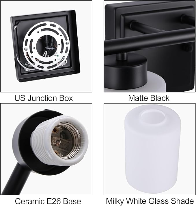 3 Light Bathroom Light Fixtures, 19.2 Inches Vanity Lights for Mirror, Black Vanity Lighting Fixtures with Milky White Glass Shades