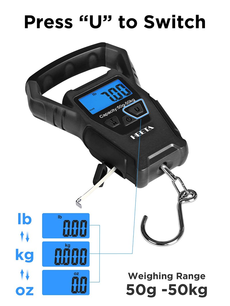 HEETA Waterproof Fish Scale Digital with Backlit LCD Display, 110lb/50kg Portable Hanging Scale Fishing Scale for Home and Outdoor, Measuring Tape and 2 AAA Batteries Included (Black)
