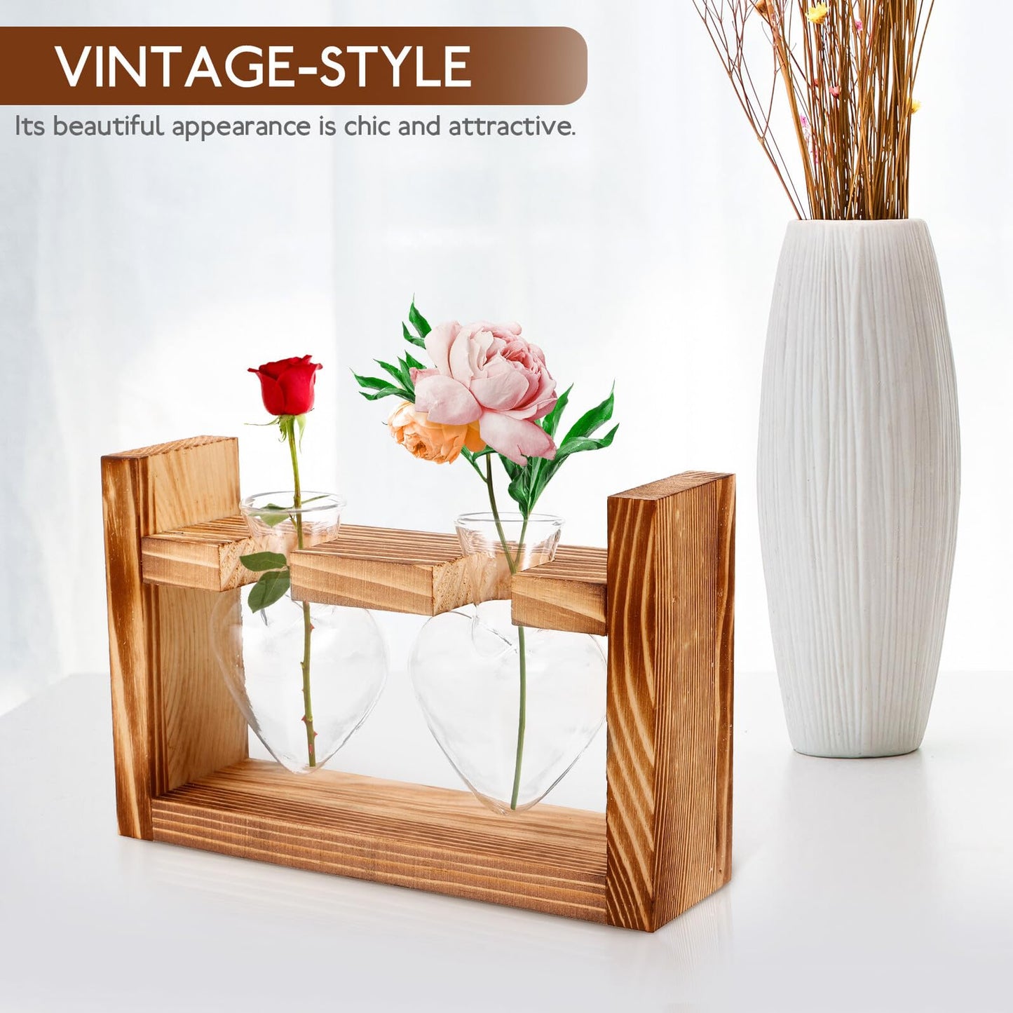 Ipetboom Heart-Shaped Glass Hydroponic Planter Vase with Wooden Stand, Glass Propagation Station for Indoor Plants, Home Décor Terrarium Set