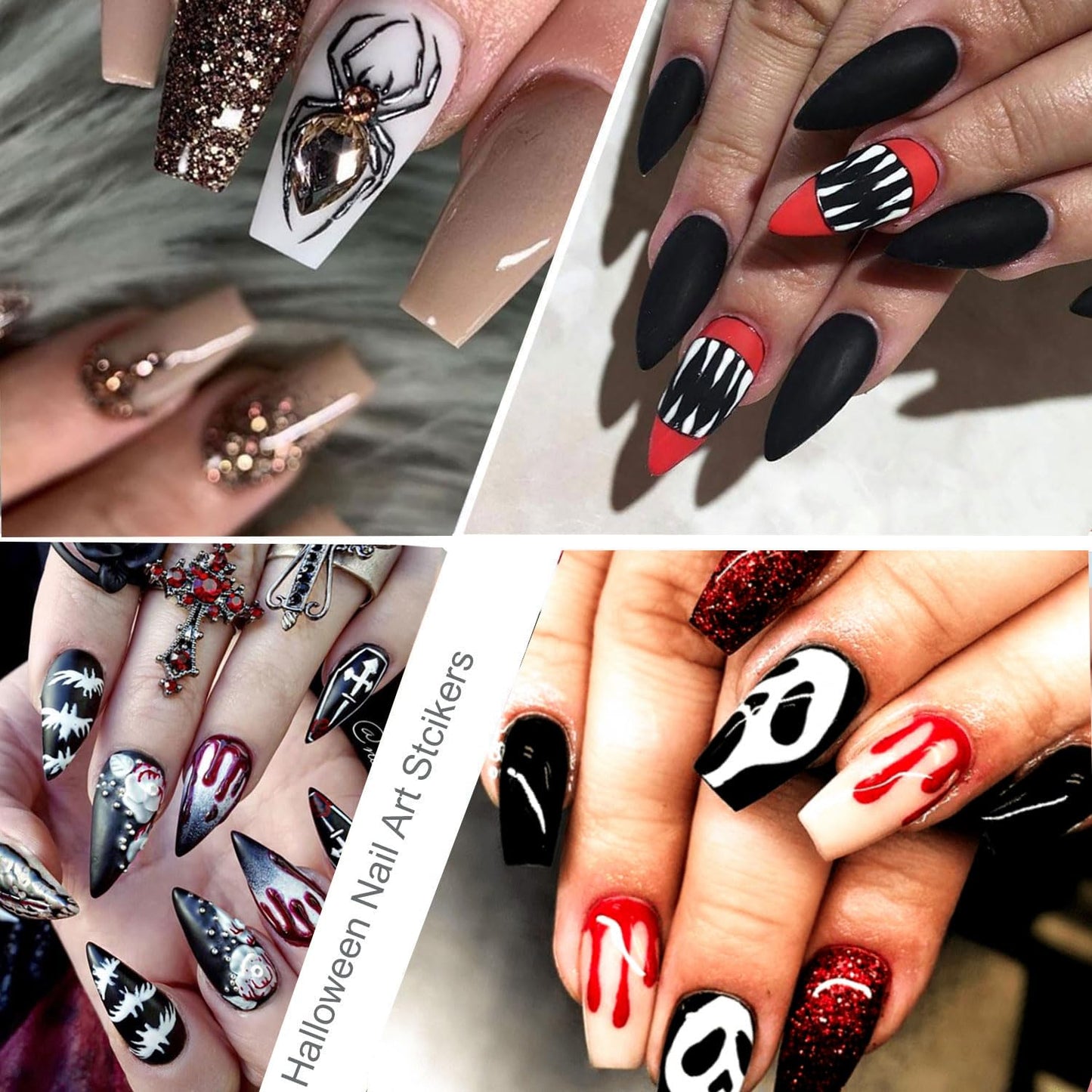 5D Embossed Halloween Nail Art Stickers Day of Death Black Lip Nail Sticker Decal Nail Art Decoration Supplies Horror Spooky Spider Evil Eye Skull Bone Halloween Self-adhesive Nail Design for Women Girls (halloween-1)