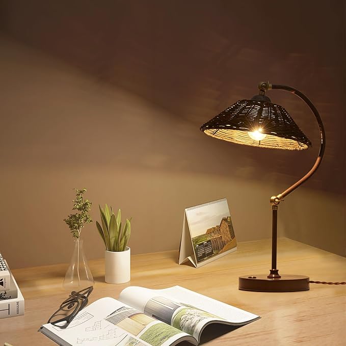 2 Pack Woven Rattan Bedside Table Lamp for Bedroom,Boho Plug in Handmade Rattan Shade&Anti-Rust Iron Base Desk Lamp,Plug & Play Vintage Dark Brown Nightstand Lamp for Living Room,Office【Bulb Included】