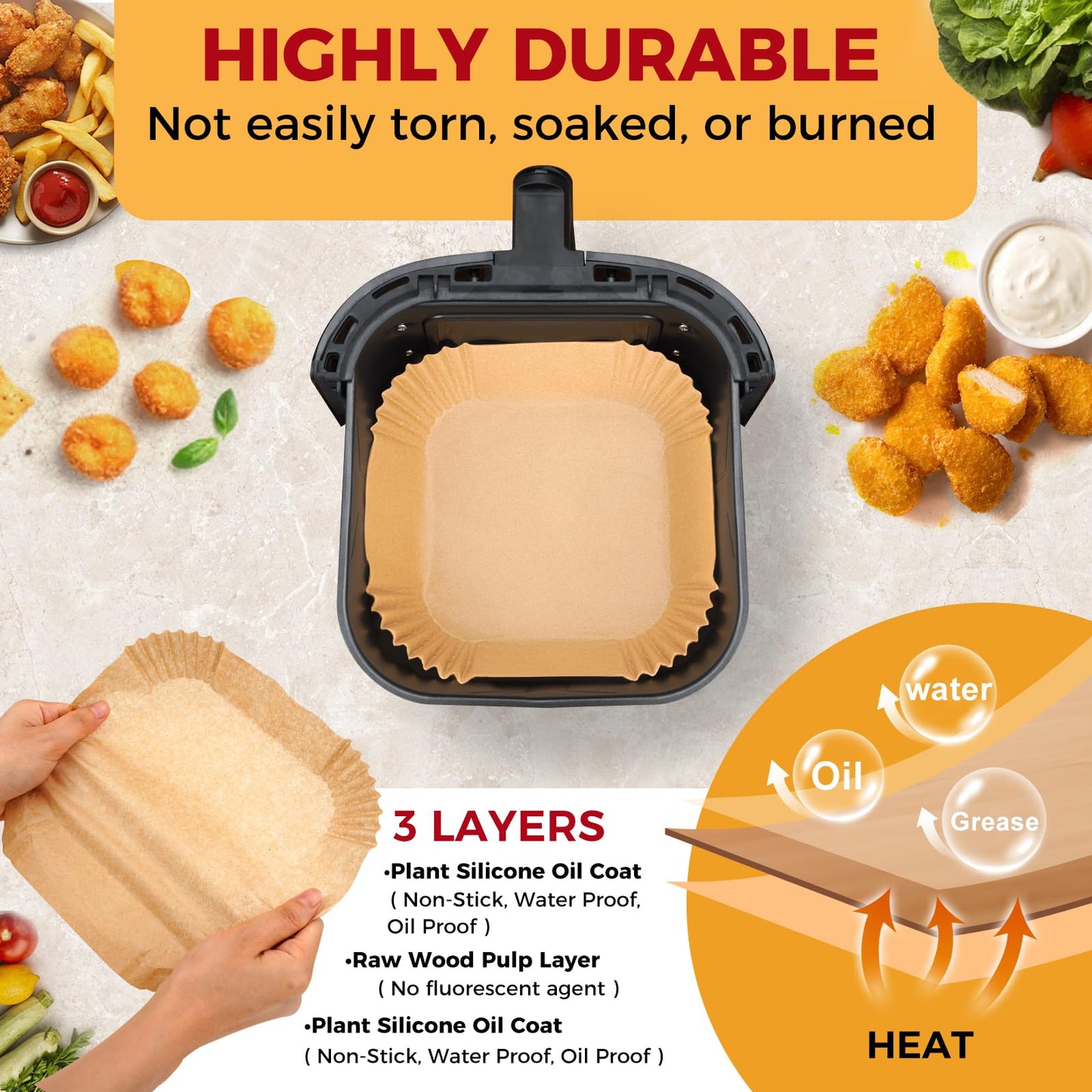 Air Fryer Disposable Paper Liners - 150Pcs 8In Square Parchment Paper Non-Stick Airfryer Basket Liners for Steamer Microwave Oven, Deep Fryer Parts & Accessories