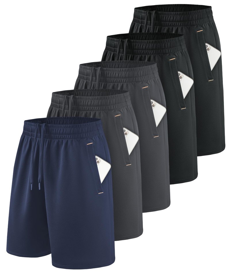 Little Beauty 5 Pack Mens Athletic Gym Shorts with Pockets Fast Dry Basketball Running Workout Shorts Navy/Dark Grey*2/Black*2, XL