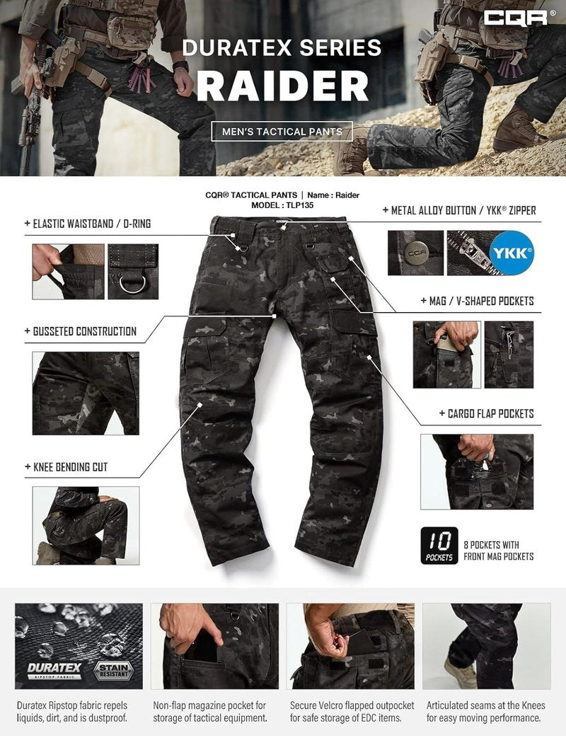 CQR Men's Tactical Pants - Water Resistant Ripstop Cargo Design | Lightweight EDC Hiking Gear