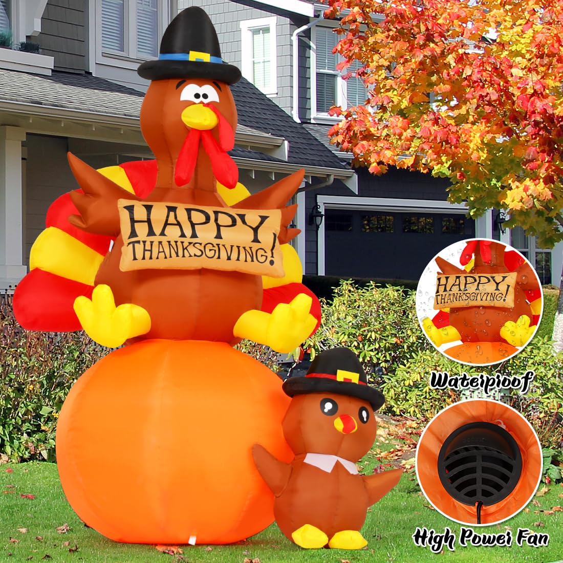 GOOSH 6 FT Thanksgiving Inflatables Turkey Outdoor Decorations Blow Up Yard Turkey on Pumpkin with Turkey Baby with Built-in LEDs for Indoor Party Garden Lawn Decor