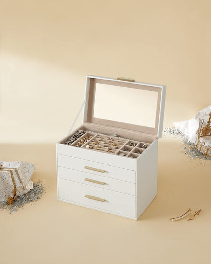 SONGMICS Jewellery Box with Glass Lid, 4-Layer Jewellery Storage Organiser with 3 Drawers, Plenty of Storage, Modern, Gift Idea, 15.3 x 25.1 x 21.5 cm, Cloud White and Gold Colour JBC161W01