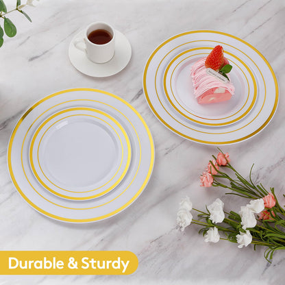 Goodluck 200PCS Gold Plastic Plates, Heavy Duty Disposable Gold Plates with 100 10.25 inch Dinner Plates and 100 7.5 inch Dessert Plates, Disposable Plates for Party, Holiday, Wedding, Thanksgiving